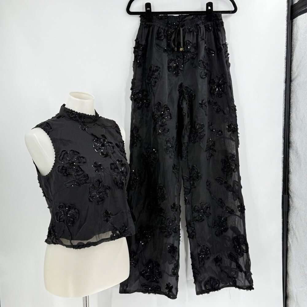 Flora Bea NYC Womens Black Sequin Floral 2-Piece Set S - Top & Wide-Leg Pants